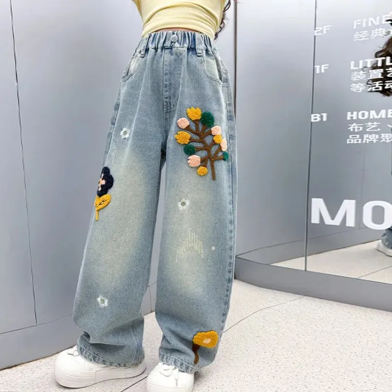 Children Autumn Spring Teenager Denim Pants Trousers Fashion Kids Loose and Wide Legs Pants Casual Girls Jeans 8 Year Kid Clothe
