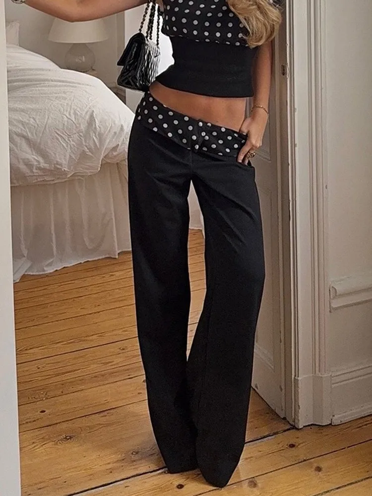 

Брюки прямого кроя с принтом и завышенной талией, повседневные, с заниженной талией, для женщин, из полиэстера и триацетата