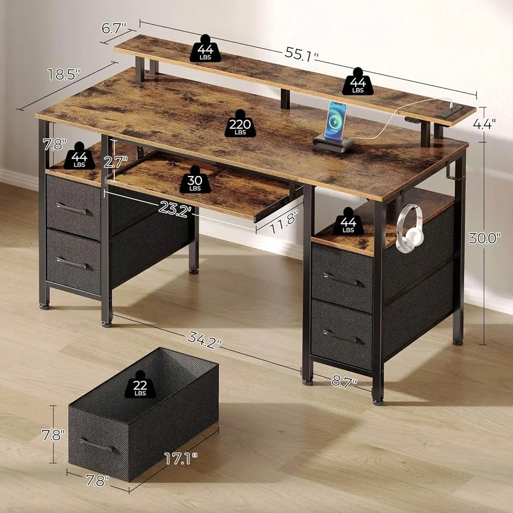 Computer Desk 55.1"" With Led Lights & Power Outlets, Home Office Desk With 4 Drawers, Writing Desk With Keyboard Tray, Study