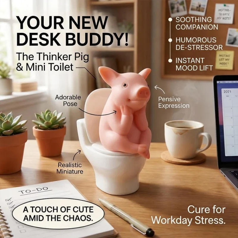 Cute Pig Toilet Figurine – Funny Bathroom Decoration, Mini Pig Statue for Home Office Desk Ornament Display Unique Gift