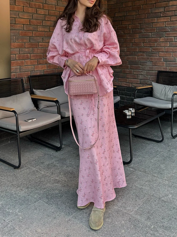 

Spring Summer Women's New Sets Elegant Lapel Long Sleeve Lace Up Cardigans&Half Skirts Sets Fashion Floral Printed Satin Outfits