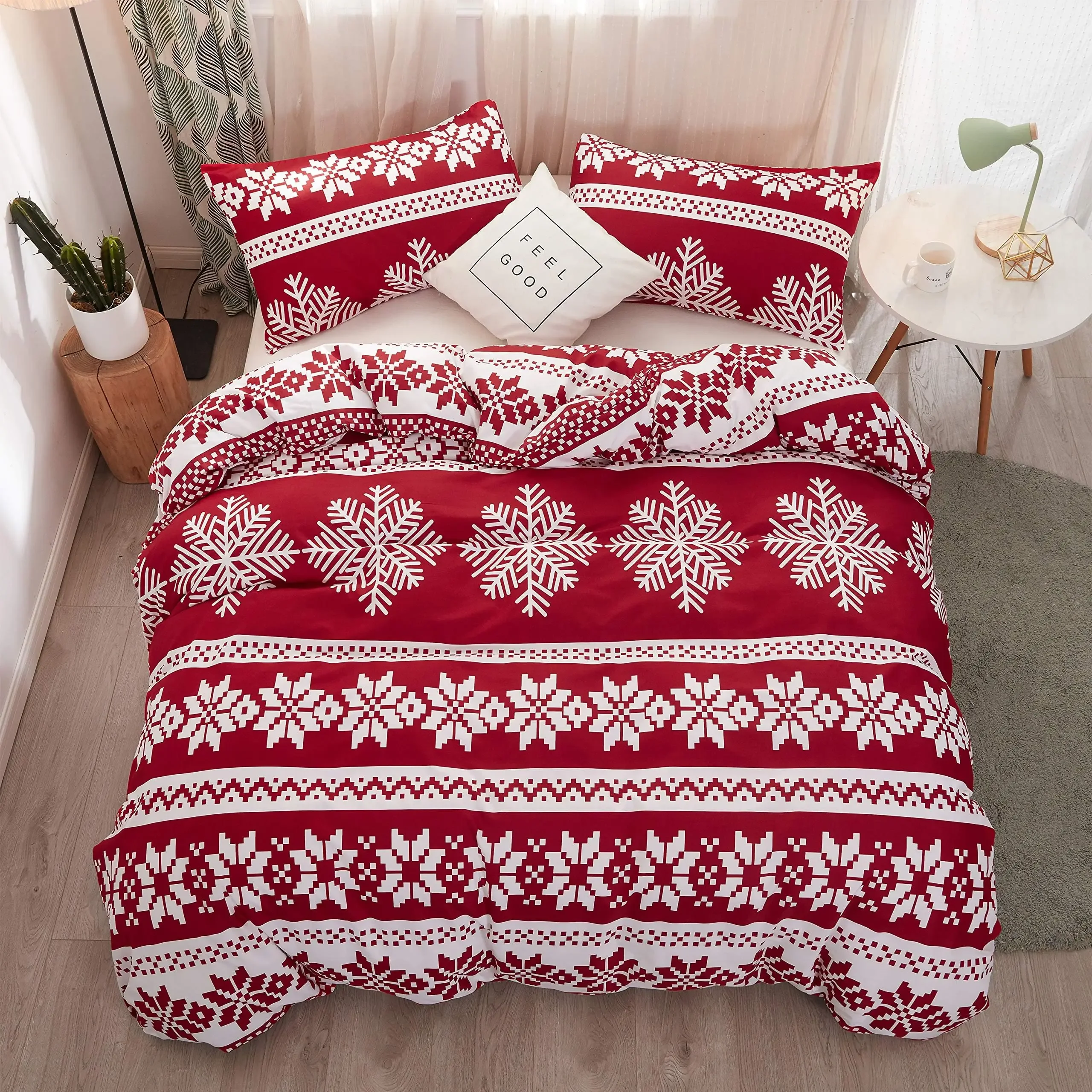 

Christmas Duvet Cover Set Queen Size Bedding Set Snowflake Red Bedding Set Luxury Holiday Merry Christmas for Bedroom Decoration