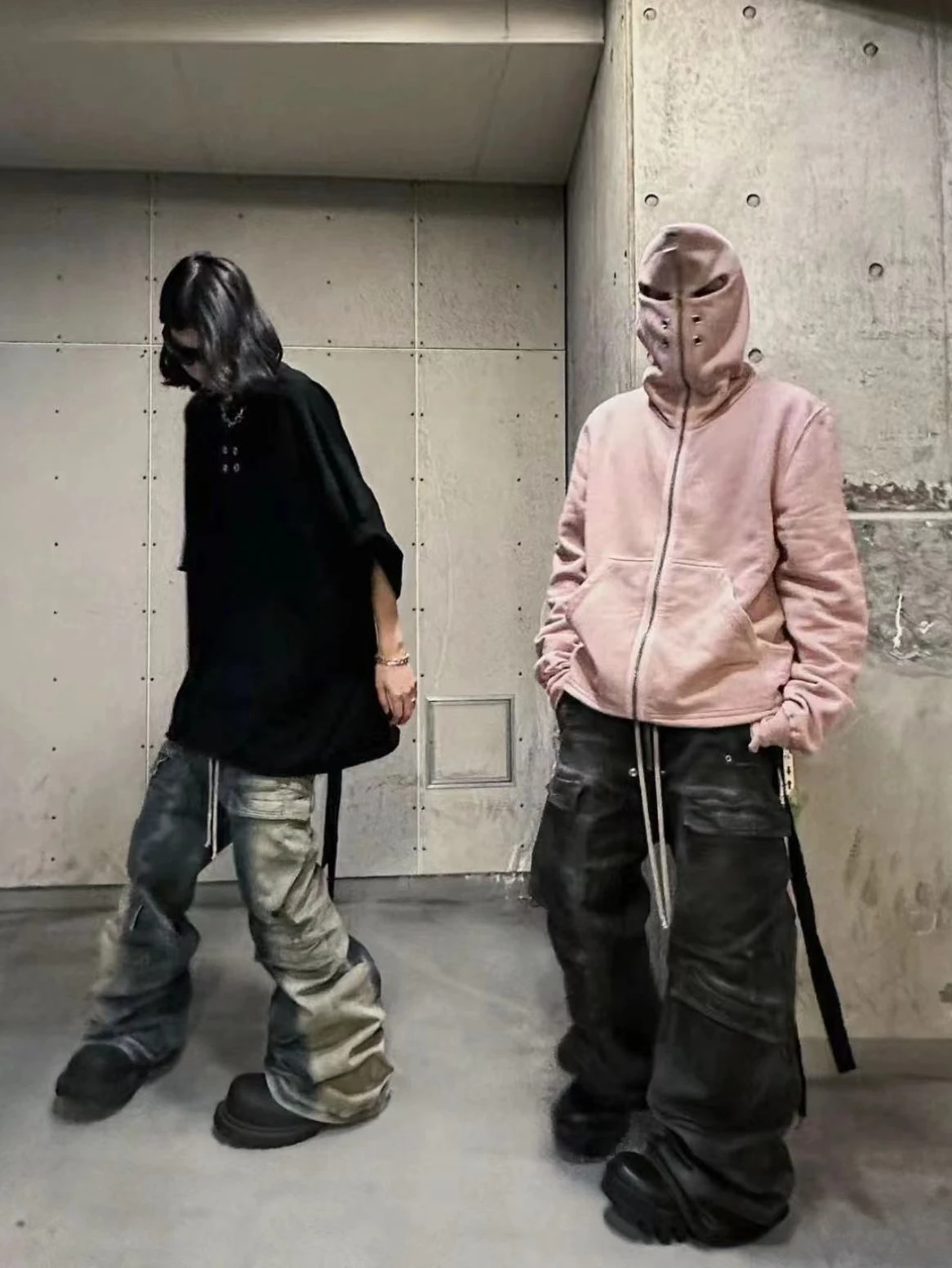 High Street Denim Pants RO Men's Gradient Multi Pocket Workwear Straight Tube Casual Drawstring Wide Leg Flared Loose Pant