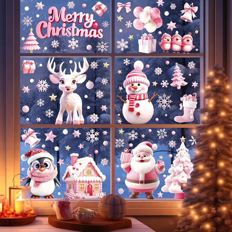 Pink Reindeer Santa Christmas Stickers Animals Snowman Xmas Tree Snow House Window Static Stickers for Kids Room New Year Decor