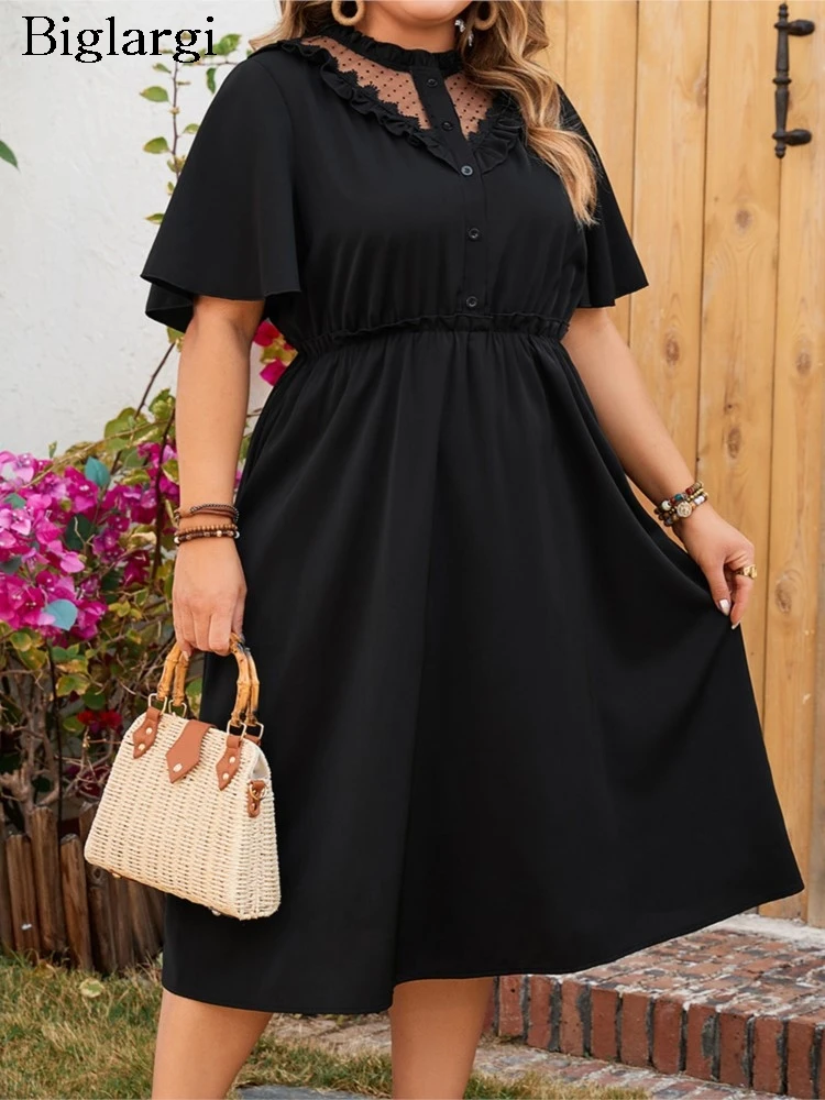 Plus Size letnia koronkowa patchworkowa z wycięciami sukienka z dekoltem w serek kobiet elegancka modna sukienki damskie luźna plisowana kobieca