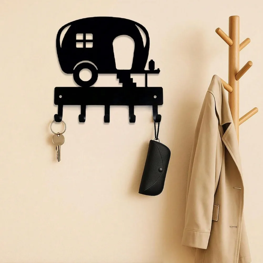 قطعة واحدة من حامل المفاتيح الحديدي لرسومات التخييم، تصميم أنيق مثبت على الحائط، مثالي لغرفة المعيشة وغرفة النوم وقاعة الحمام والمطبخ
