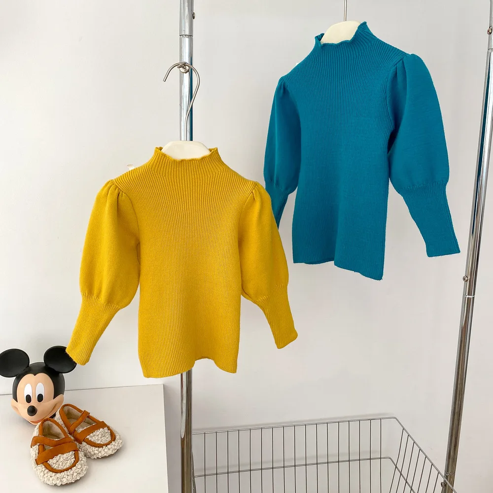 Autumn Spring Children Girl Sweater Cotton Bubble Sleeve Infant Baby Girl Knitwear Versatile Solid Toddler 2-10Y Girl Underhsirt image 4