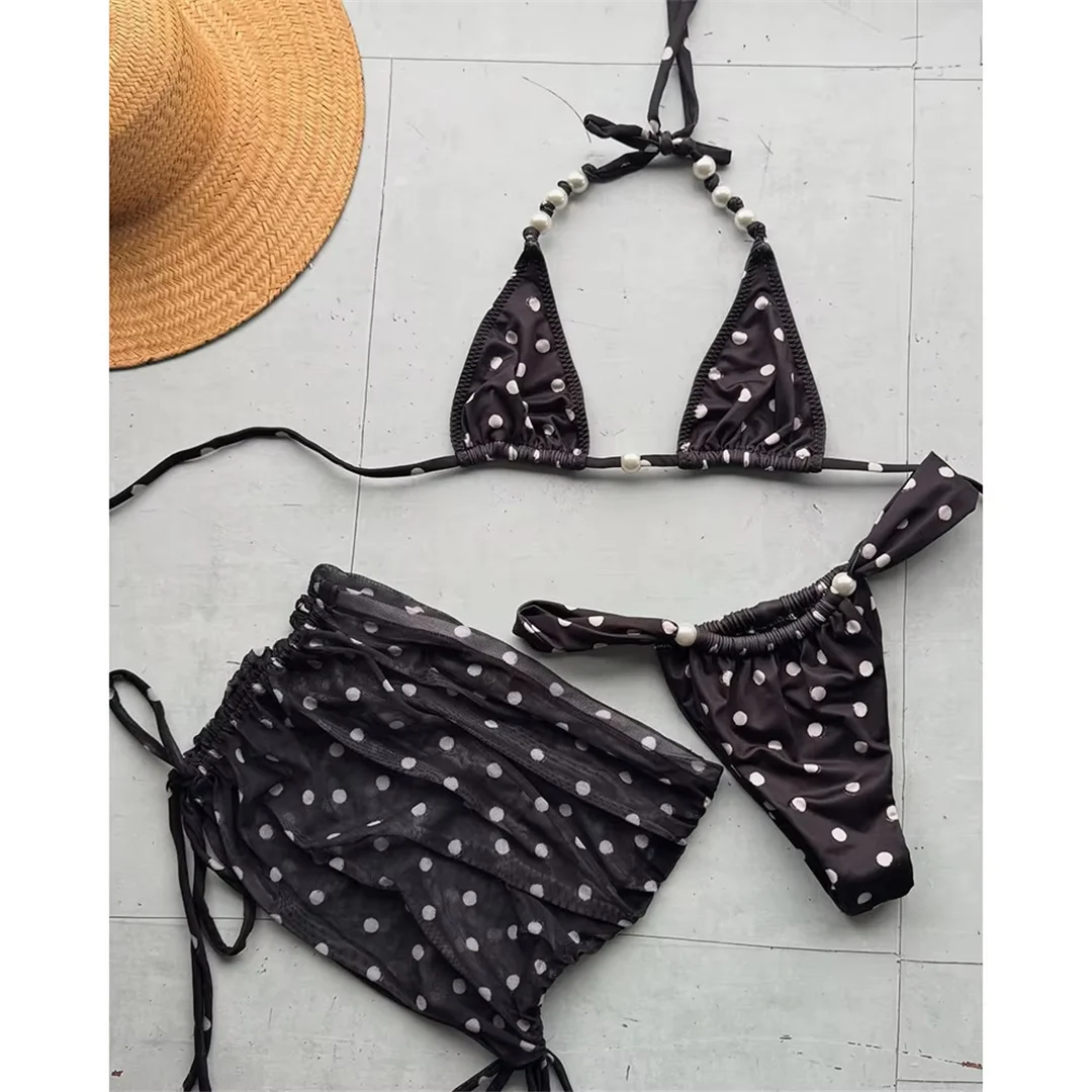 Mit Rock Polka Dot Bikini Damen Badeanzug Frauen Bademode Dreiteiliges Bikini-Set Neckholder Perlen Badeanzug Badebekleidung Schwimmen V7879 – Detail 5
