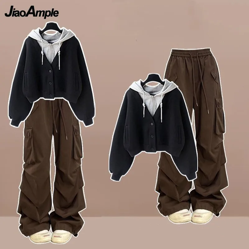 

2025 Women's Autumn/Winter New Fake Two Piece Short Hoodie+Vinatge Cargo Pants Suit Korean Elegant Casual Tracksuit Matching Set