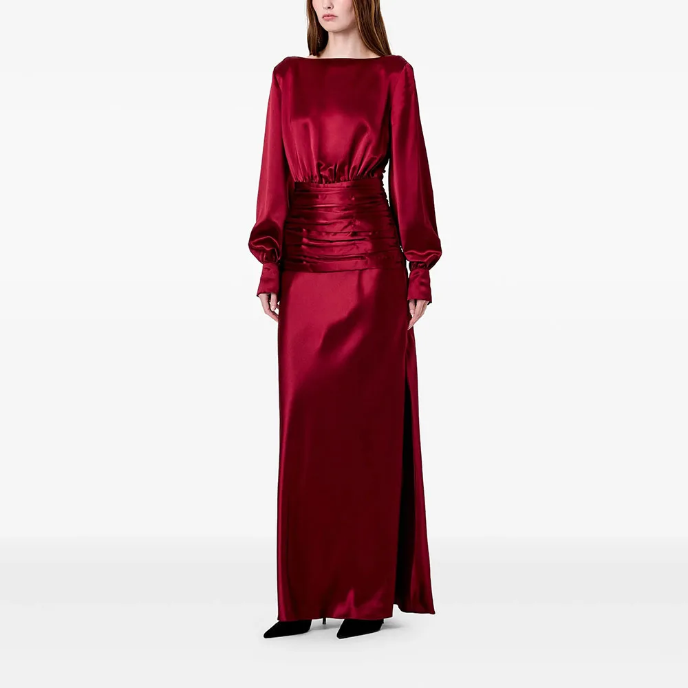 

Red Elegant Prom Dress Simple Boat Neck Long Sleeves Straight Dresses Evening Gowns Simple Satin Pleat Party Dress Customized