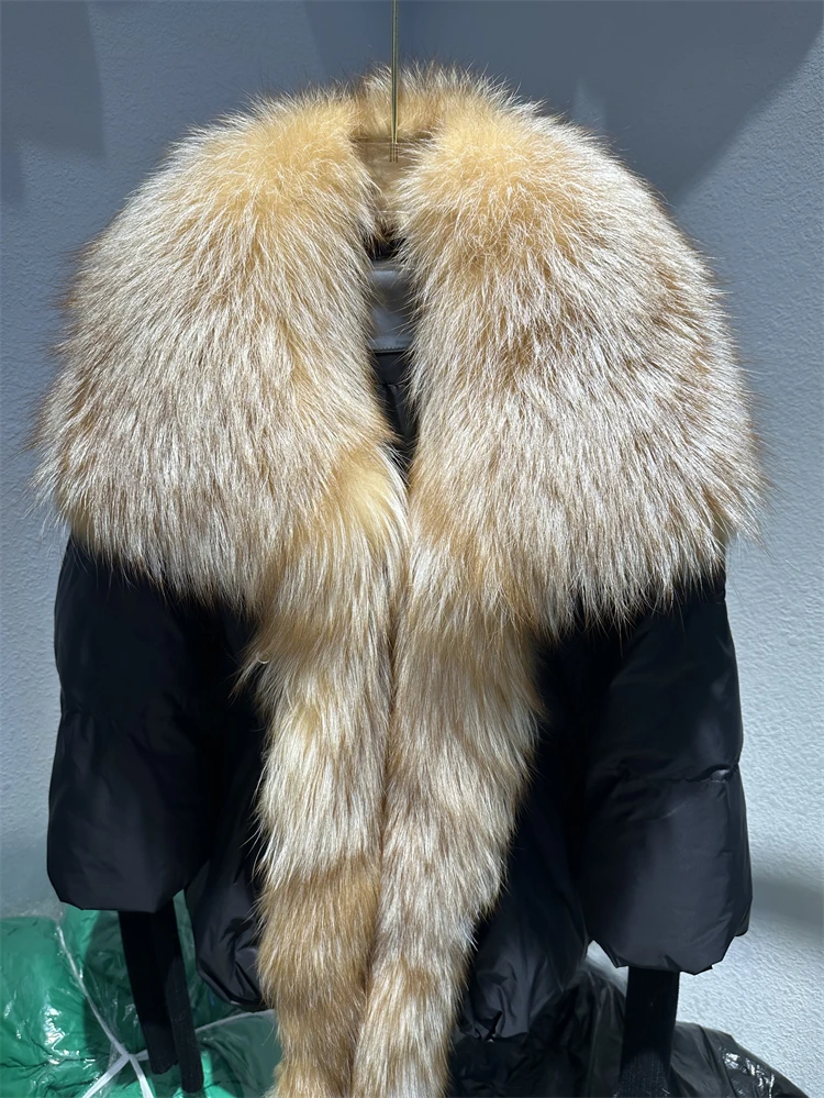 OFTBUY New Duck Down Jacket Winter Coat Women Super Large Real Silver Fox Fur Collar Jacket Knit Sleeve Fashion Luxury Outerwear