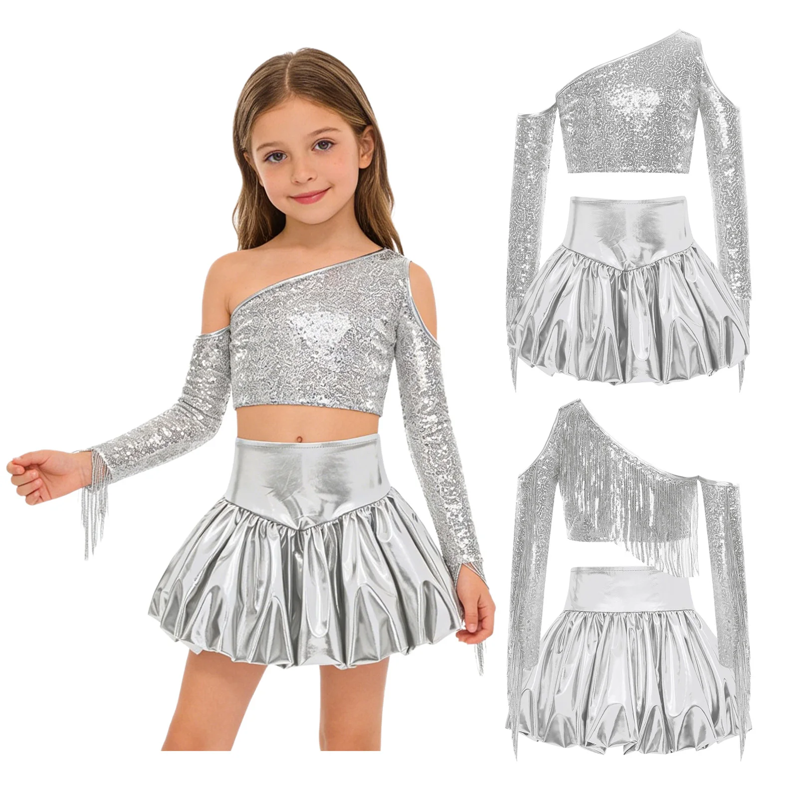 

Girls Metallic Jazz Hip Hop Dance Outfit Long Sleeve Tassel Crop Top with Bubble Skirt Cheerleading Stage Performance Costume