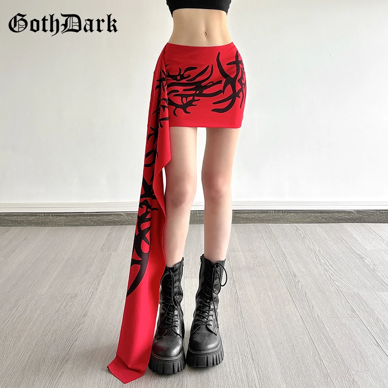 

Goth Dark Streetwear Cyber Y2K Fashion Print Long Ribbon Mini Skirts Women Alt Bottoms Mall Gothic Slim Bodycon Skirt Partywear