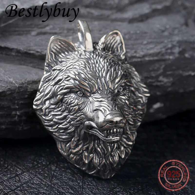

Подлинная подвеска из чистого серебра 925 пробы с 3D рельефом Majestic Viking Wolf Head для мужчин, ретро тайское серебро, европейские и американские ювелирные изделия в стиле панк
