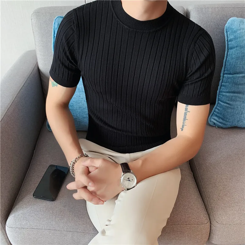 2023 New Style Men High Grade Solid Color Stripe Knit T-shirt/Male Slim Fit Fashion High Collar Short Sleeve T-shirt Black White