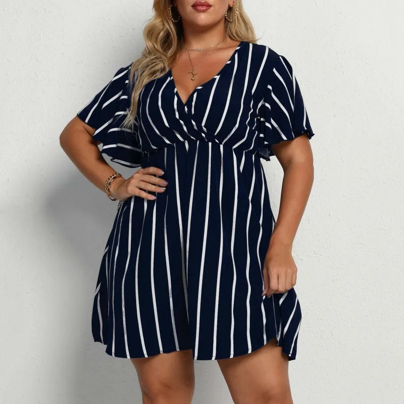 

2026 Plus Size Navy Striped Wrap Dress Elegant Flowy Ruffle Sleeve V-neck Mini Dress Slim Fit Casual Summer Party Dresses
