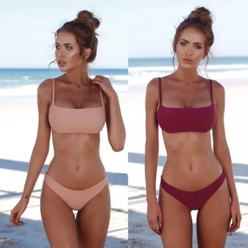 Neues Damen-Bikini-Set, einfarbig, zweiteiliger Badeanzug, sexy Strand-Bademode mit Spaghettiträgern und gepolstertem BH, Sommer-Badeanzug – Detail 3