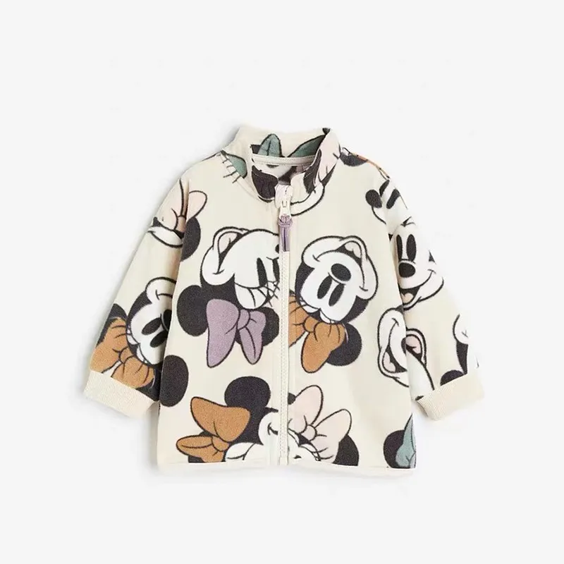 Cartoon Disney Baby Autumn Warm Outerwear 2024 New Minnie Mouse Baby Girls Long Sleeve Jacket Children's Clothes Greatcoat