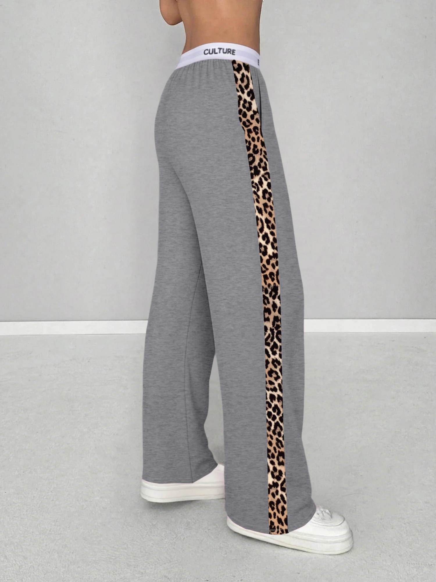 2026 Neu Heißer Verkauf Damen Leopardenmuster Seitenstreifen Weite Hose Lässige High-Waist Hose mit Schriftzug-Bund Lockerer Streetwear-Stil – Detail 20