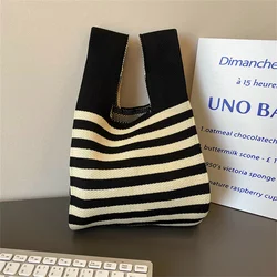 Woman Striped Knitting Bag Chic Shoulder Bag Fashion Hollow Out Tote Ladies Female Woven Shopper Purse Lady Crossbody Handbag