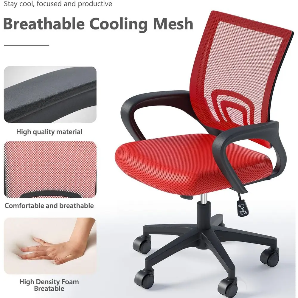 كراسي مكتب شبكية مريحة متوسطة الظهر مع دعم قطني، دوارة قابلة للتعديل، مساند للذراعين مريحة، أحمر، عبوتان
