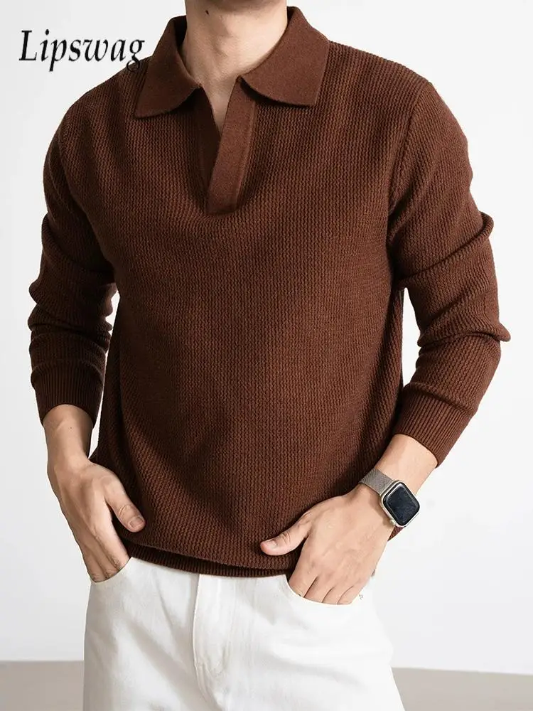 

High Quality Knitting Pullover Tops Mens Spring Autumn Daily Casual Solid Color Polo Sweater Men Vintage Lapel Polo Shirts
