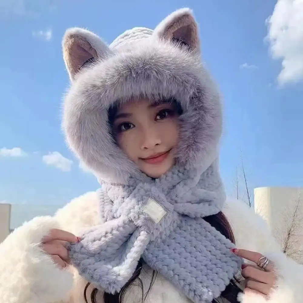 لطيف رقيق آذان الحيوان مقنعين وشاح قبعة مجموعة المرأة سميكة الشتاء الأذن حماية قبعة قناع متكامل للخارجية #2