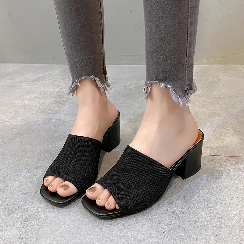 2024 New Hot Summer Women Slippers Triangle Thick Heel Sexy Square Toe Dress Party Shoes High Heels Knitting Casual Lagre Size