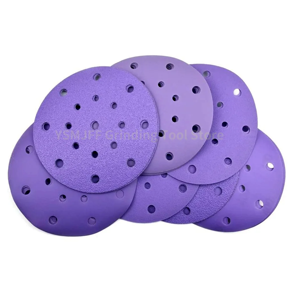 50PCS 6 Inch 17 Hole Round Purple Sandpaper, Hook and Loop Flocking Sanding Discs for Automotive Paint Metal, 40-2000 Grits