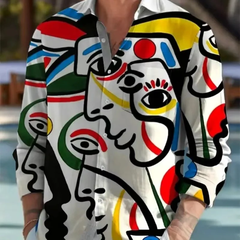 Abstraktes Gesicht 3D-Druck-Shirt für Herren, Sommer-Kunstmalerei-Grafik, kurzärmeliges Hawaii-Hemd, Revers-Bluse, Oberteile, Streetwear