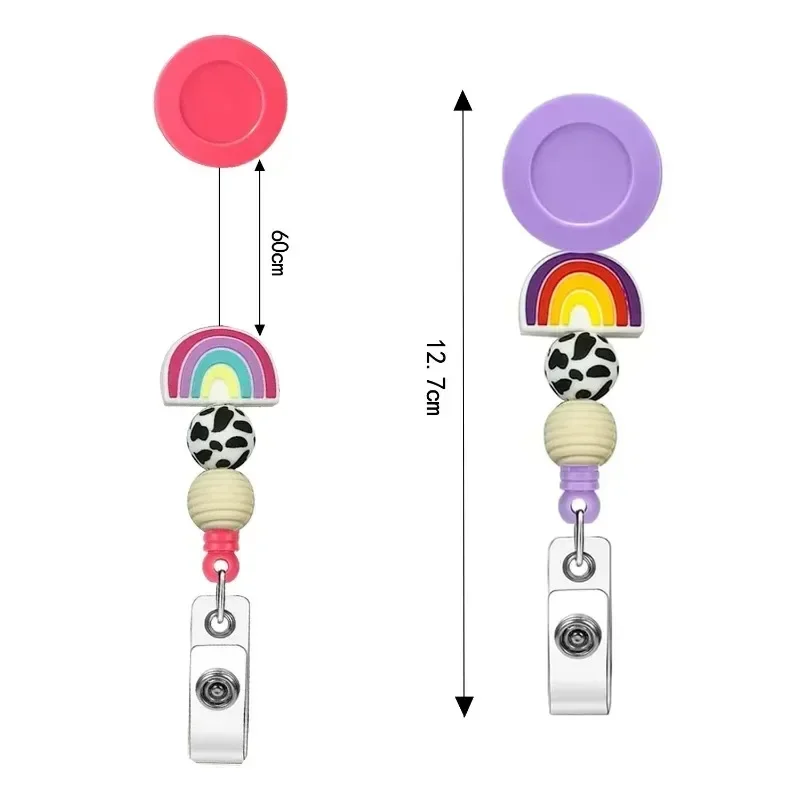 Crachá retrátil retrátil com clipe para cartão de identificação, clipe bonito com contas de silicone, cor do arco-íris, bonito e fácil de puxar, crachá carretel