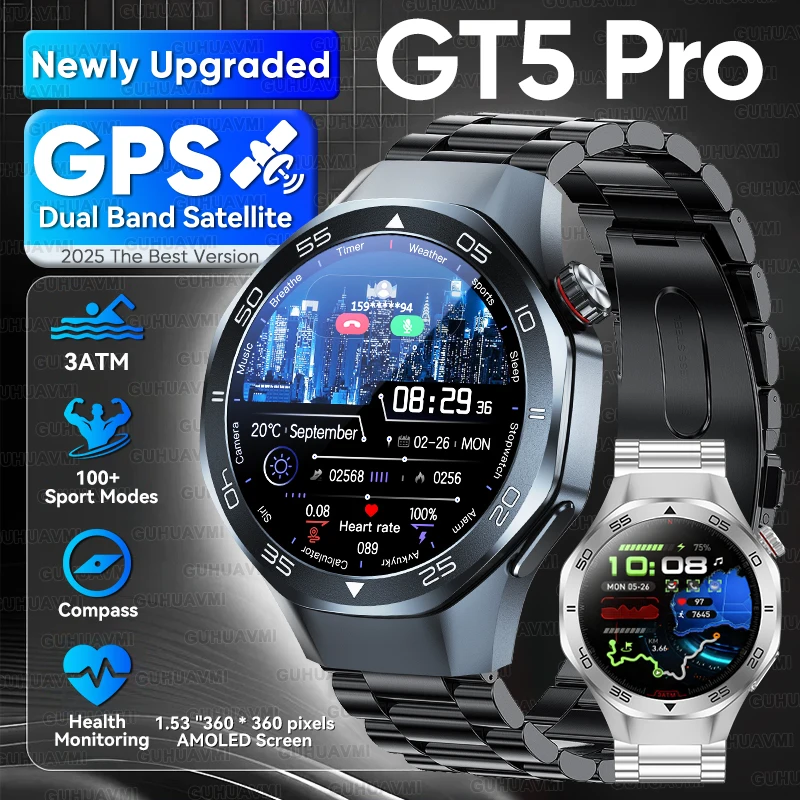 

2025 New Outdoors Sports GT5 Smart Watch GPS Positioning Compass 3ATM Waterproof HD AMOLED Screen Bluetooth Call Smartwatch Men
