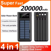 200000mAh Solar Power Bank Digital Display Solar Battery Large Capacity Fast Charging Built-in Cable Power Bank External Battery