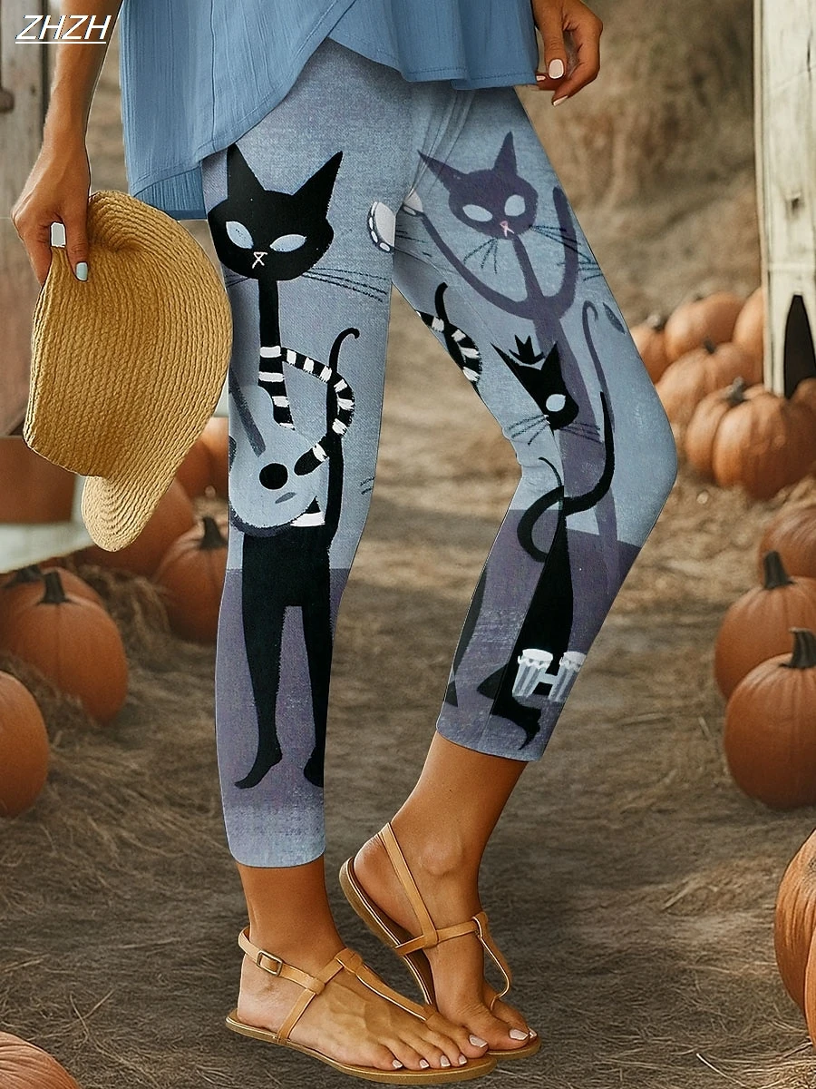 Legginsy damskie z motywem Halloween, grafika zwierzęca, spodnie, poliester, spandex, elastyczne, z elastyczną talią, modelujące sylwetkę, streetwear