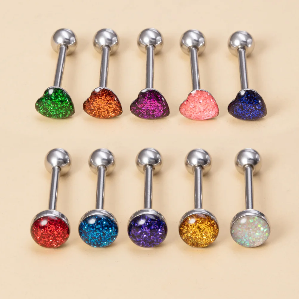 1pc Sexy Piercings Tongue Rings Stud Bar Women Men Surgical Steel Heart Round Shape Top Tongue Piercing Barbell Body Jewelry 14G