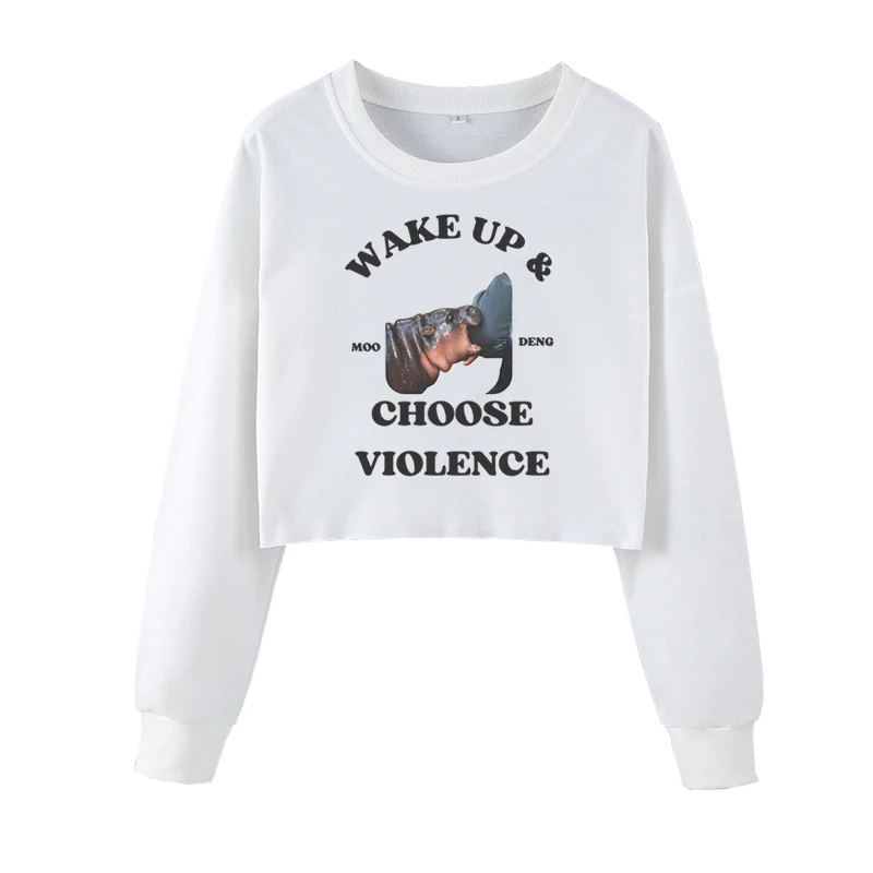 Wake Up Moo Deng Hippo Crew Neck Sweatshirt Text Graphic Printed Short Sweatshirt Retro Cute Clothing Gifts For Friends