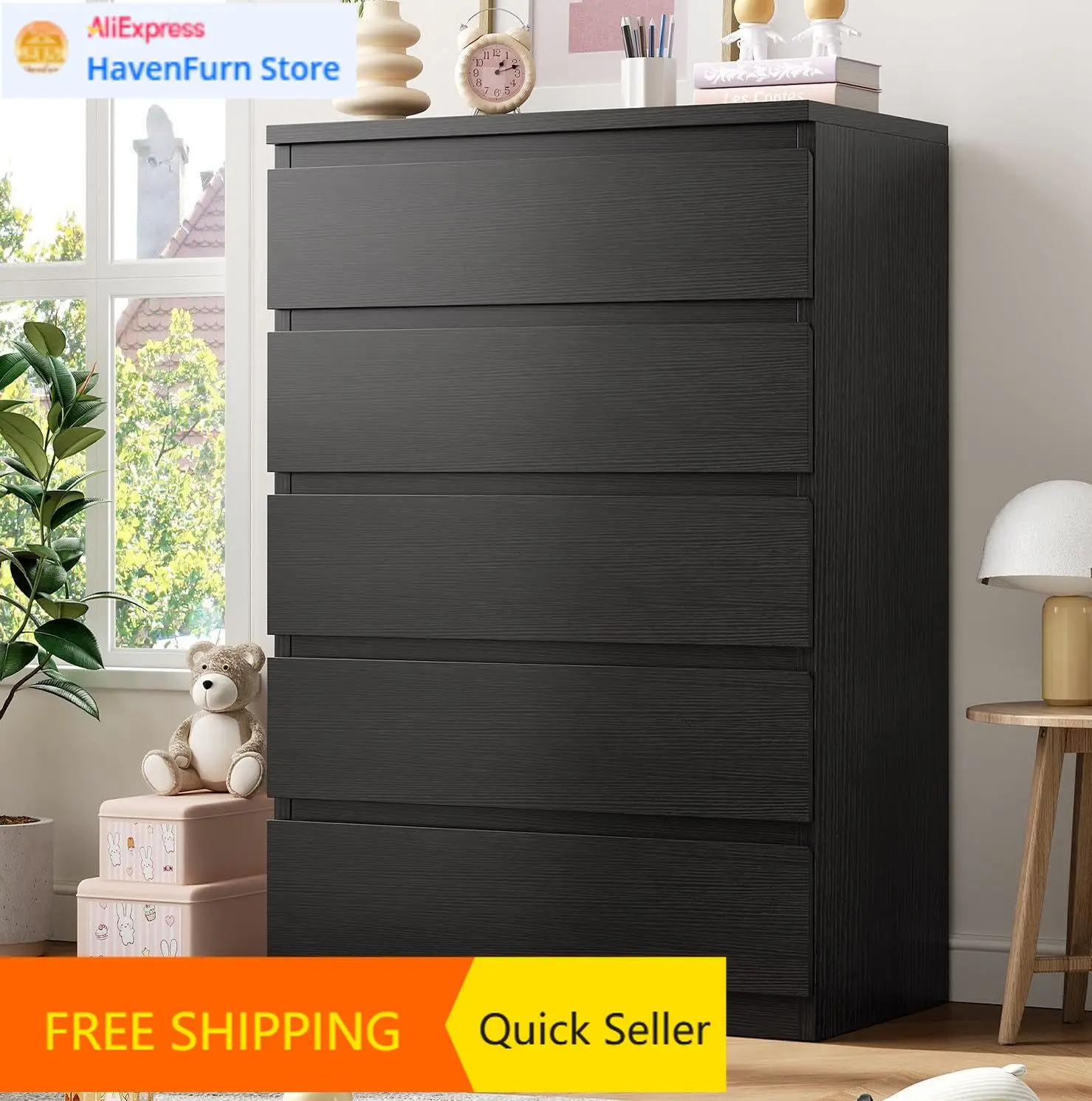 Black 5 Drawer Dres…