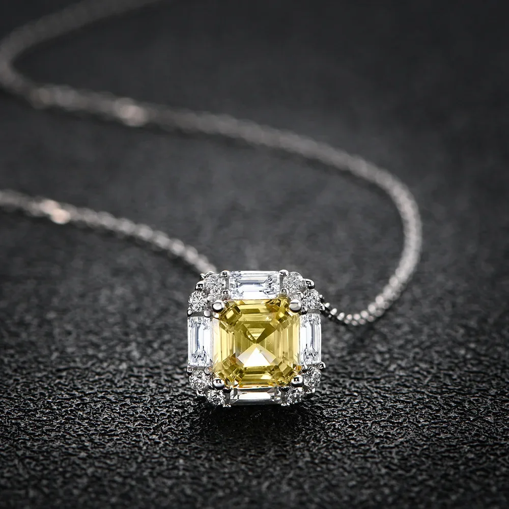 New Models 925 Pure Silver Yellow Diamond Necklace Women's Square Chamfer 7 * 7 High Carbon Diamond Collar Small and Versatile