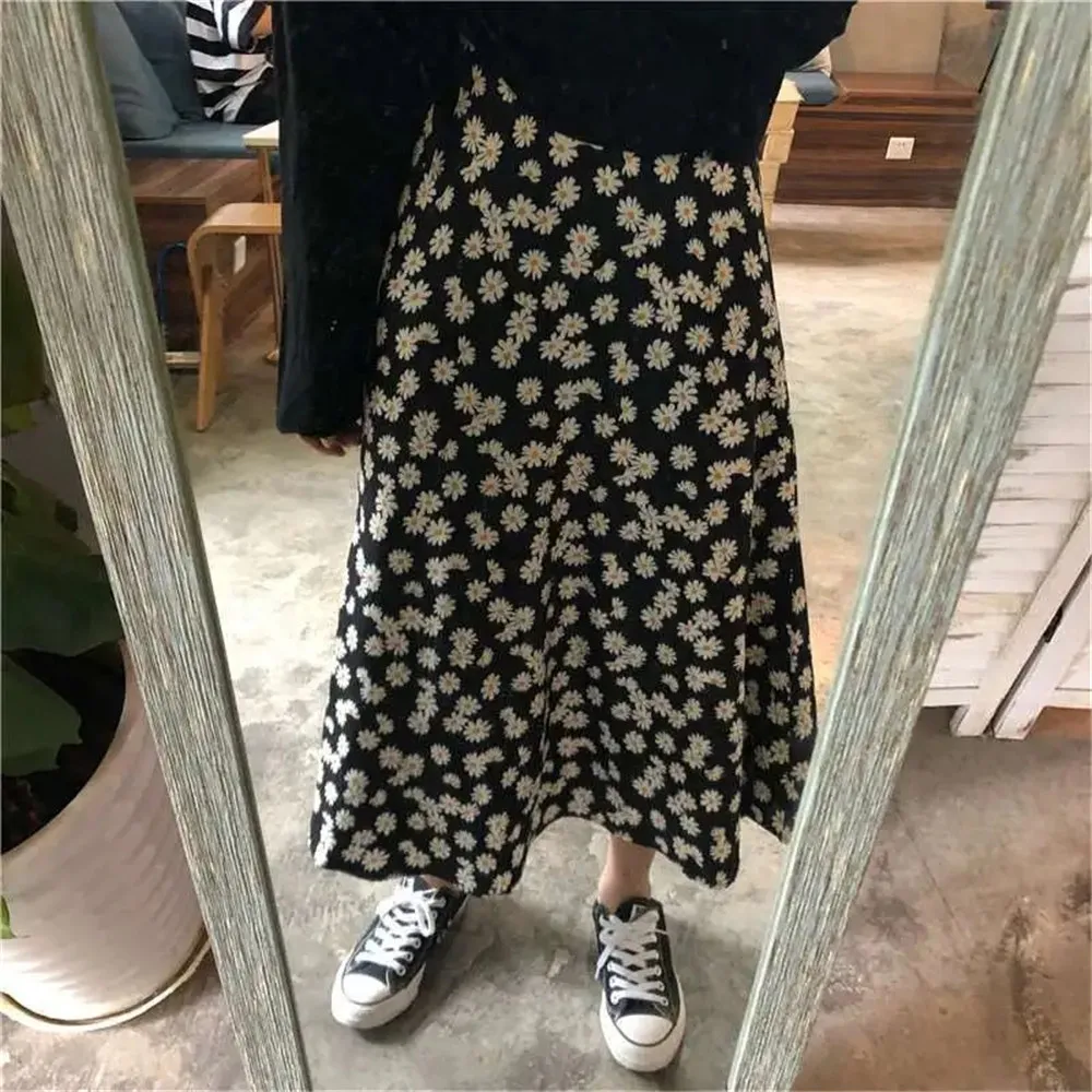 Fresh Daisy Print Half Skirt High Waist Slimming Women Clothing Outdoor Street Versatile A- Line Long Skirts Korean Casual Black