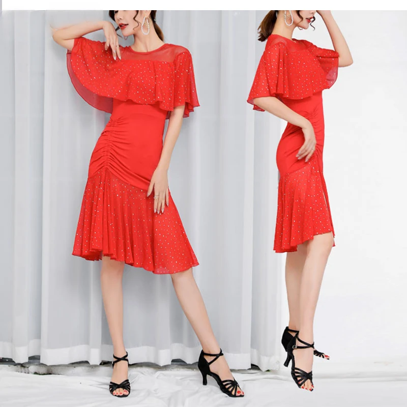 Ensemble de robe de danse latine sexy pour femmes, robe à manches courtes, vêtements de déesse élégants, salle de Rhadulte, salsa, batterie de rumba, dame trempée