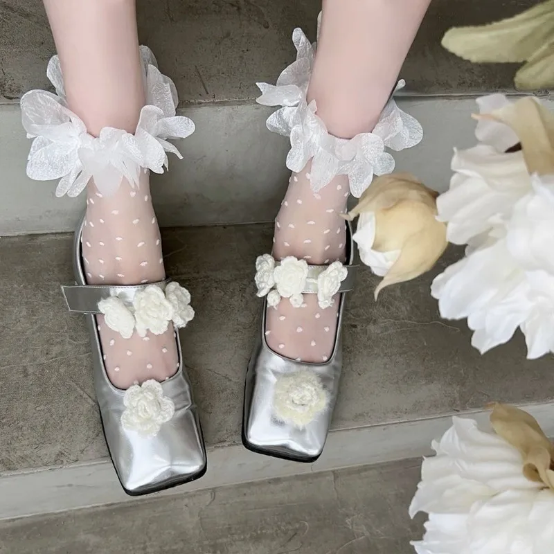 1/2 Pairs Pure Desire Girl Sweet Girl Petal Edge Glass Fiber Mid Tube Socks Lolita Polka Dot College Style White Short Socks