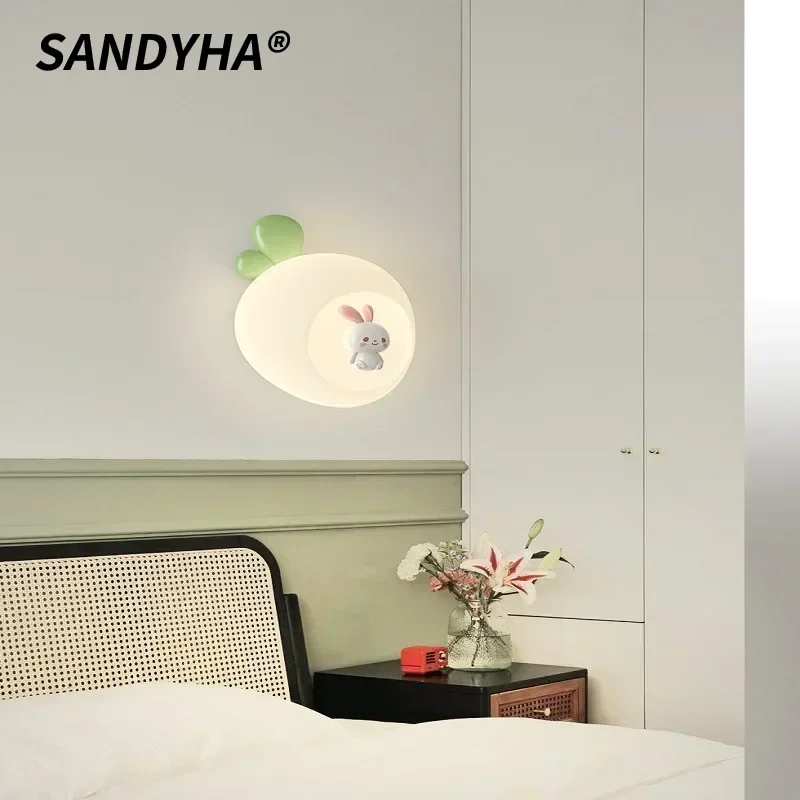 SANDYHA Cream Wall Lamp Cartoon Rabbit Bedside Light LED Lighting Fixture for Bedroom Living Children Room Home Decor Chandelier