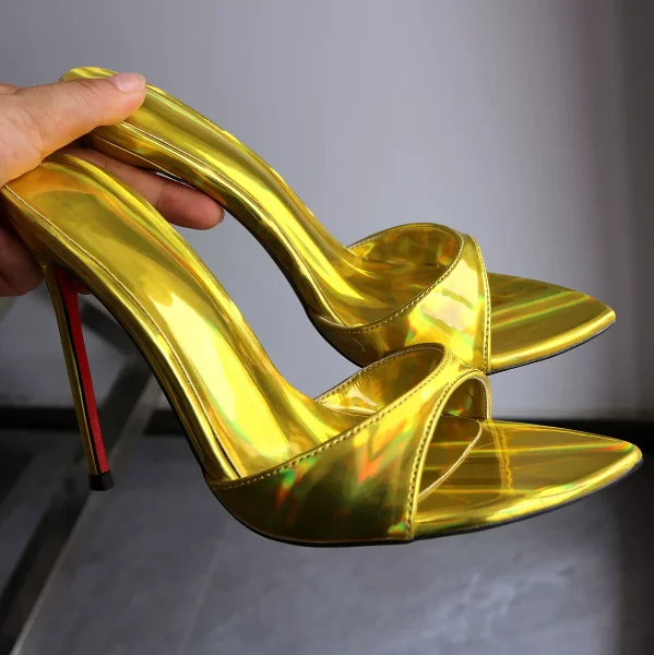 Golden laser electric patent leather high-heeled slippers and sandals with exposed toes, one line large size 12CM
