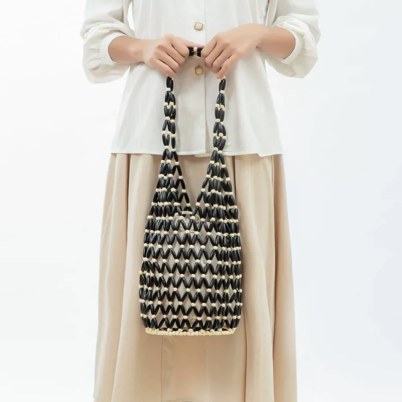 

Luxury Designer Bag Women's Bag Handwoven Hollow Out Wooden Bead Bucket Bag Tote Bag Travel Beach Bag Handbag Women Shoulder Bag