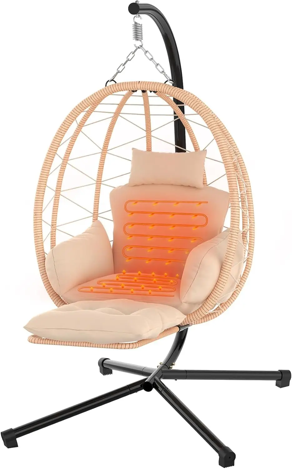 Hanging Heated Egg Chair with Stand & Leg Rest, Rattan Wicker Swing Chair with UV Resistant Cushion and Pillow, for Indoor Outdo