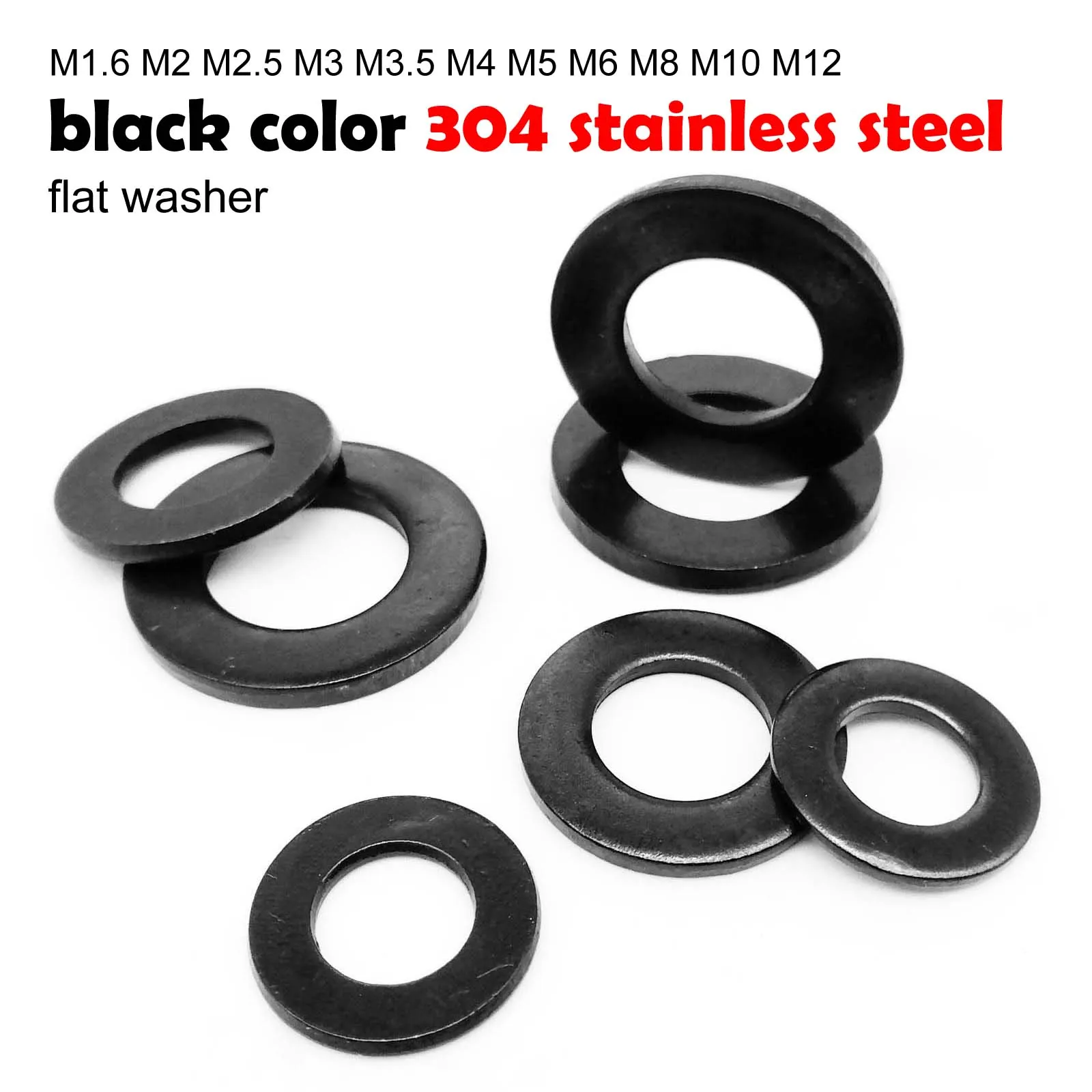 HZYUEGOU Hochwertige, schwarz beschichtete, flache Unterlegscheiben aus Edelstahl 304 A2, M1.6 M2 M2.5 M3 M3.5 M4 M5 M6 M8 M10 M12 – Detail 2