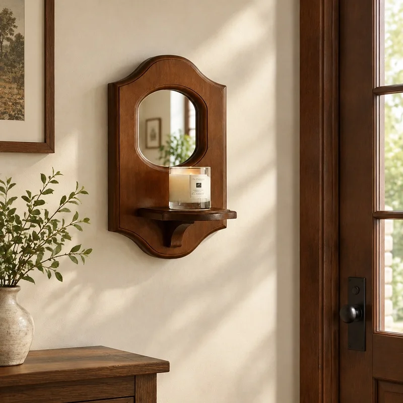 Wooden Wall Mirror Featuring Shelf and Candle Holder for Aromatherapy, Perfect Rustic Hanging Display and Storage Solution