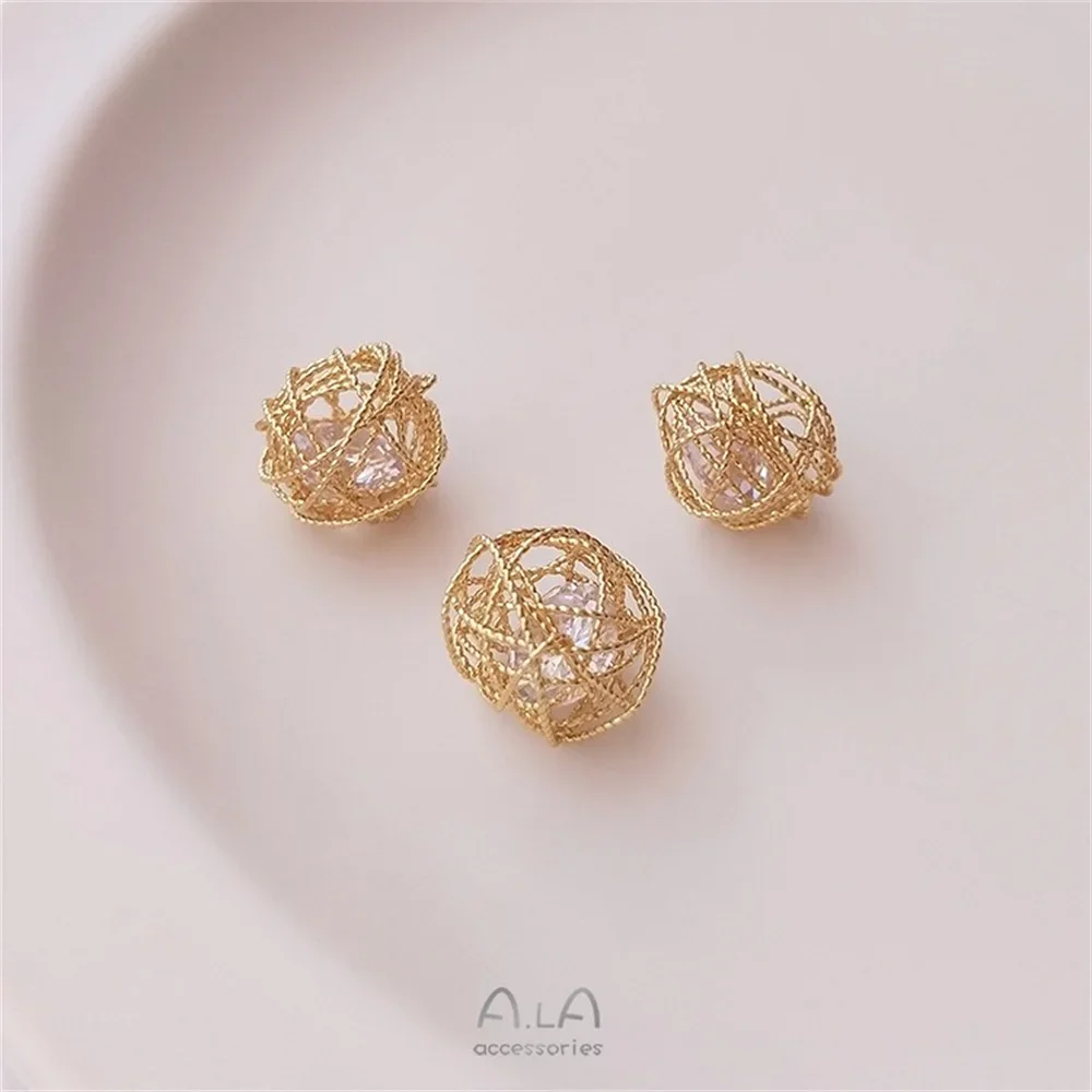 14K Gold Plated Flower Thread Wrapped with Zircon Separated Beads Ball Sparkling Zircon Hanging Ball DIY Bracelet Ear Accessory