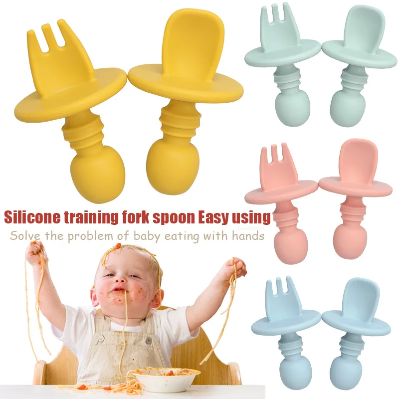Food Grade Infant Mini Silicone Tableware Set Baby Soft Kitchen Accession Fork Spoon Kids Portable  Soild Color Teaspoon