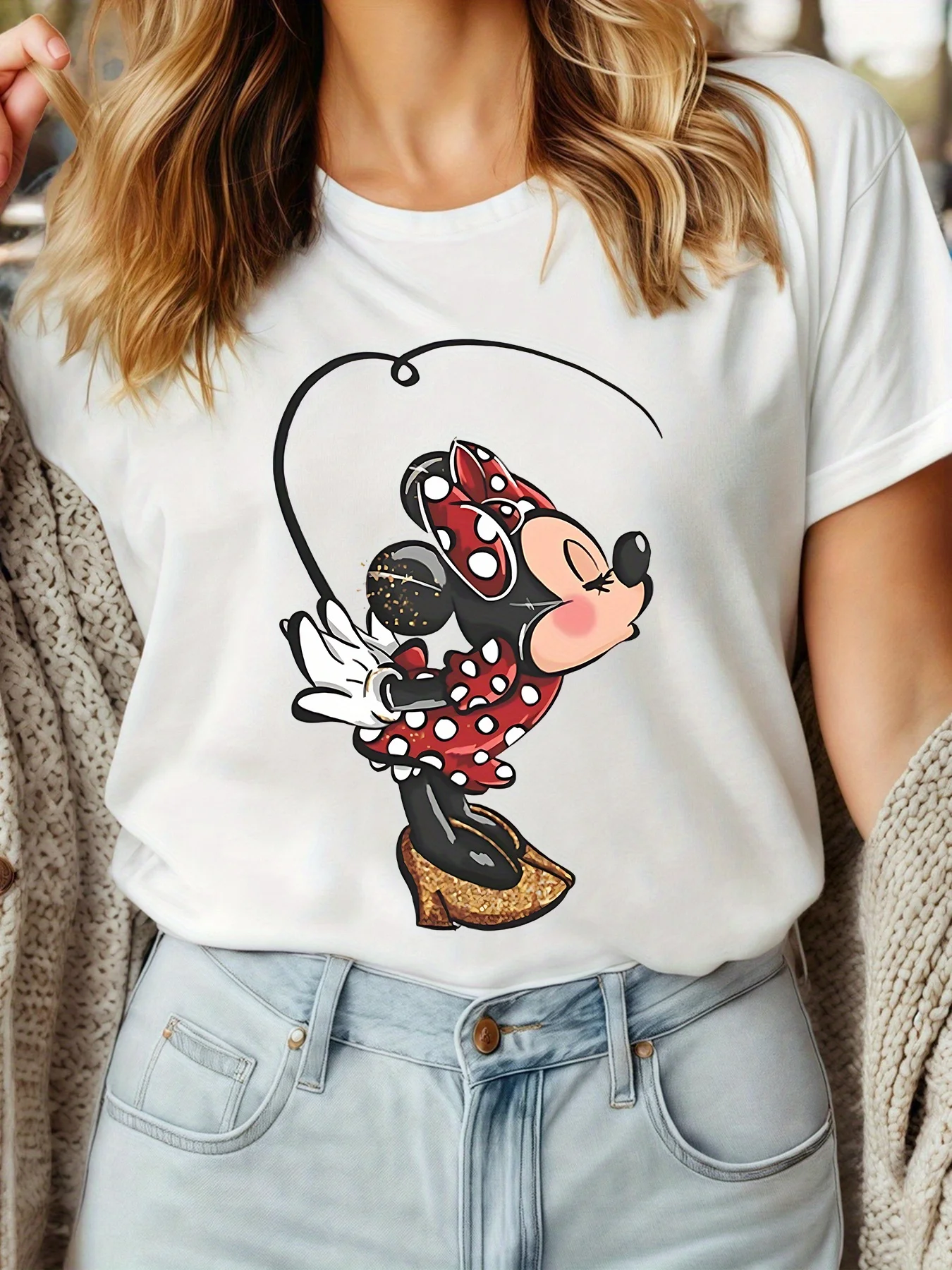 

Minnie Mouse Print Women's T-Shirt Short Sleeve Cotton Tees Cartoon Disney Minnie Y2k Tops Women T-shirt Brand Summer Clothing